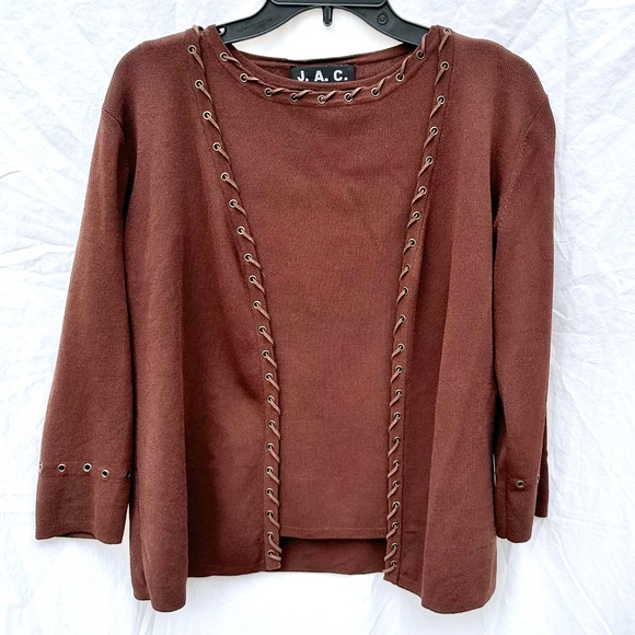 Chocolate Brown Tank Top and Cardigan Knit Set w Leatherette Wrapping Detail - Picture 1 of 6